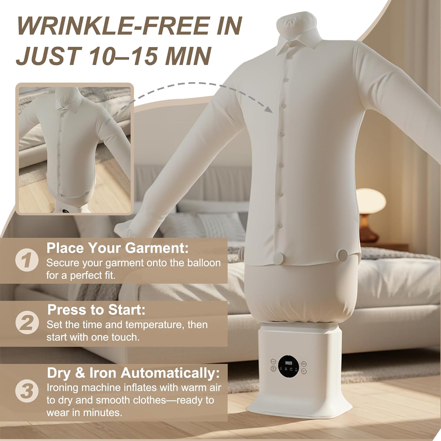Automatic Ironing Machine 3.0, 3-in-1 Air & Steam Garment Dryer and Iron for Shirts, Pants, Dresses and More, Hands-Free Garment Care with Adjustable Time & Temperature, 1250W Fast Drying System